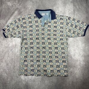 Vtg Bugle Boy Company Mens XXL Blue Geometric Leaf Print Short Sleeve Polo Shirt
